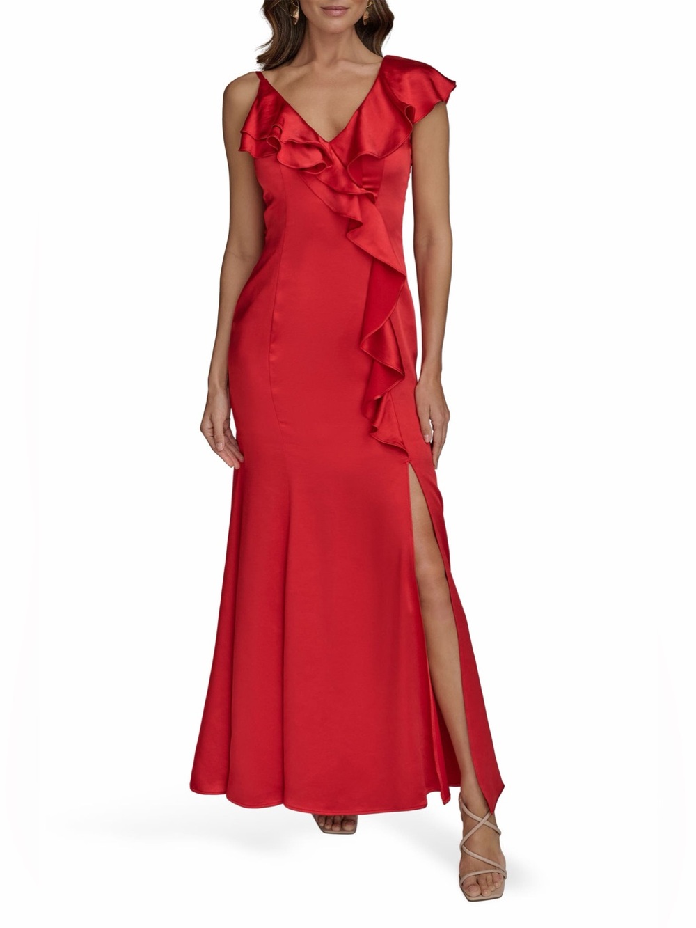 Donna Karan Red Ruffle V-Neck Maxi Gown with Side Slit Size 12 BNWT